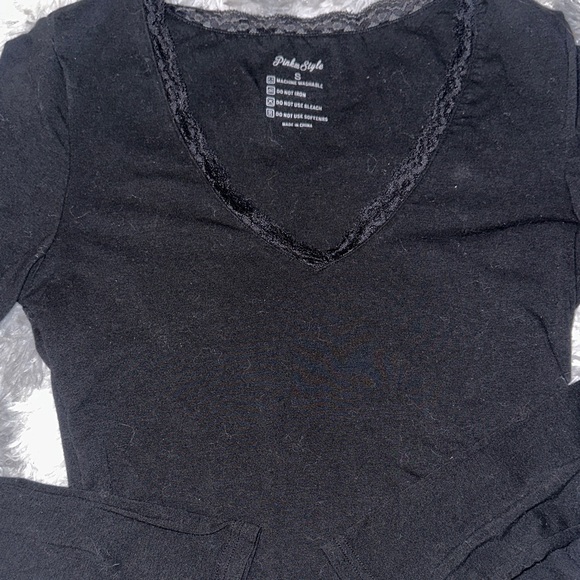 Pinkm Style Tops - Black Long Sleeve Top with Lace Detail Around Neck - Small